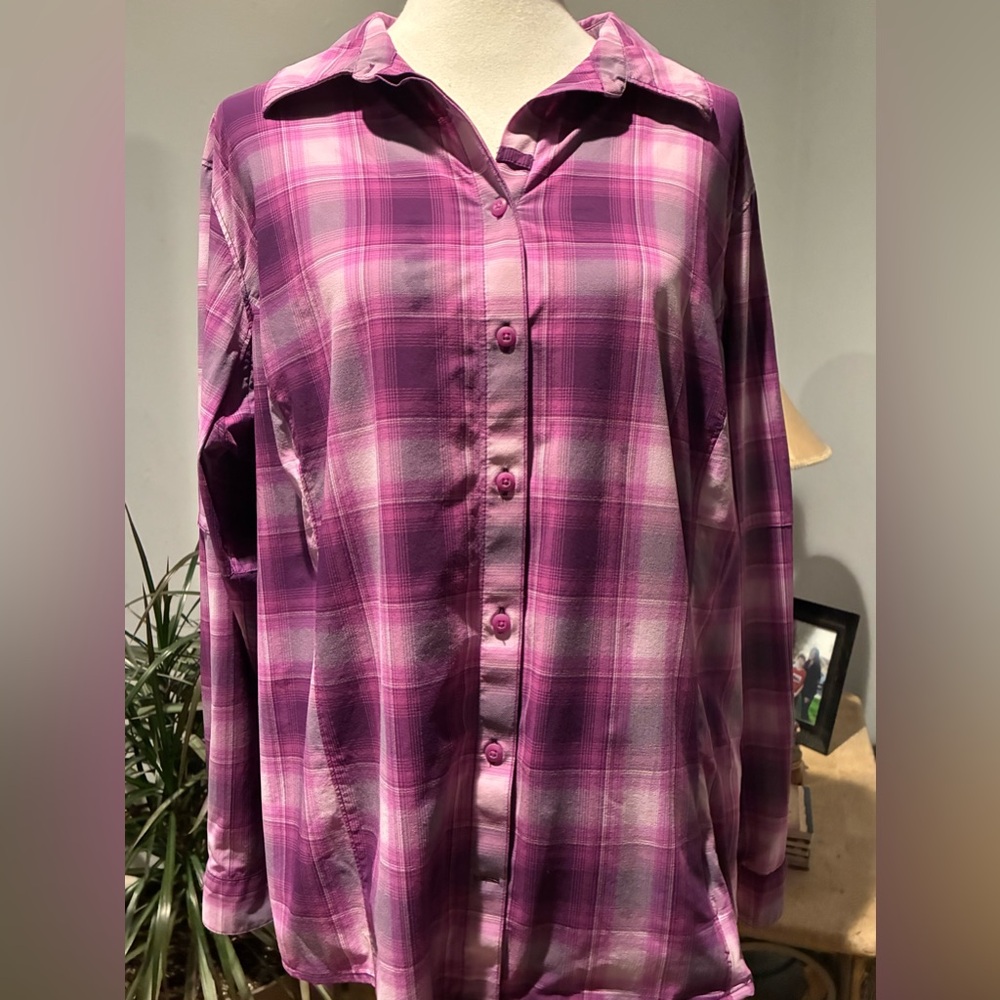 Duluth Trading Women’s Size 1X Purple Plaid Print Long Sleeve Button Down Shirt